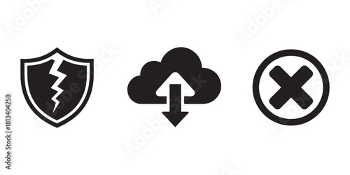 Set of simple security and data icons including broken shield cloud download and cancel symbol isolated on white background