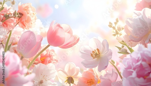 Beautiful Spring Tulips and Peonies in Soft Sunlight with Bokeh Effect