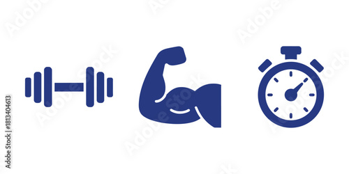 Fitness icon set featuring a dumbbell bicep muscle and stopwatch simple vector glyph for gym and workout applications isolated on white