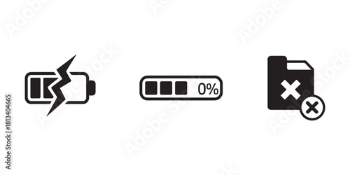 Set of minimalist system error icons including broken battery and file deletion simple flat vector design for app and website interfaces isolated on white background