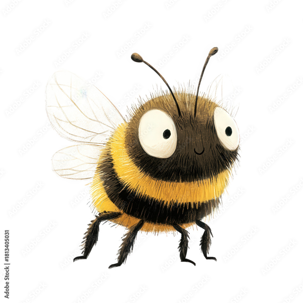 Obraz premium A fuzzy cartoon bumblebee with a gentle smile, its wings slightly transparent isolated on transparent background, showcasing its fluffy body and endearing expression