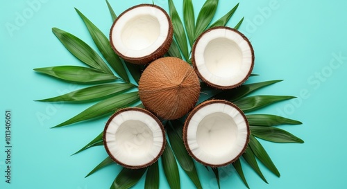 Fresh Coconut Halves and Whole Fruit With Green Leaves on Teal Background