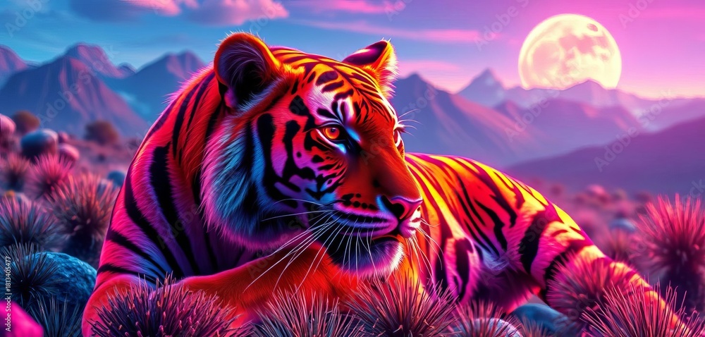 Naklejka premium Vibrant neon-colored tiger with glowing stripes, surreal landscape, dark, majestic