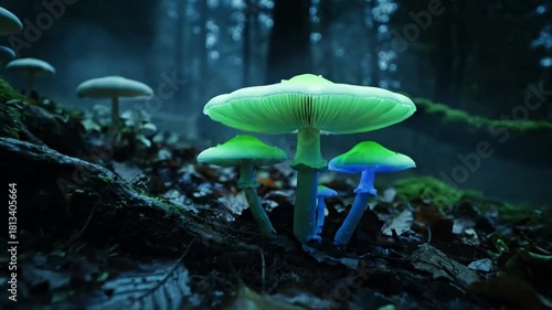 Dynamic camera movement drifting slowly through a misty, moonlit forest, revealing pockets of vibrant glowing mushrooms casting soft light on moss and fallen leaves.