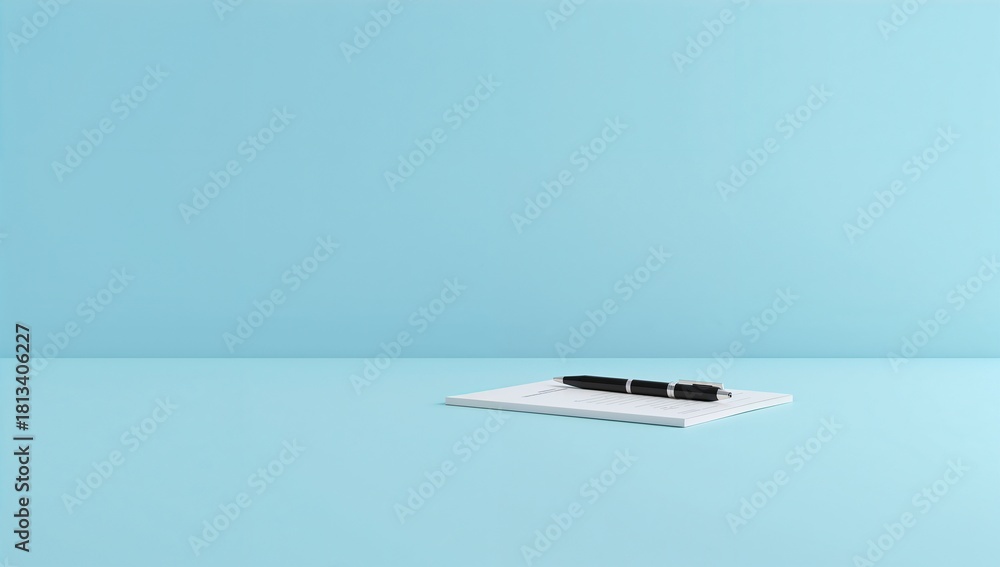 Fototapeta premium Minimalist Desk Scene with Pen and Blank Paper on Soft Blue Background