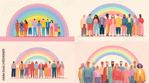 A colorful illustration of diverse people standing together under a rainbow. Inclusive artwork symbolizing unity, community, equality and togetherness in a modern optimistic style.