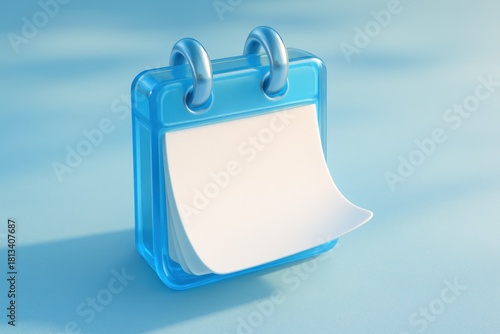 Modern 3D render shiny blue calendar icon with blank pages on a light blue surface