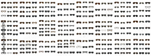 Large vector collection of diverse modern and classic sunglasses and eyeglasses styles, featuring aviator, round, and wayfarer frames.