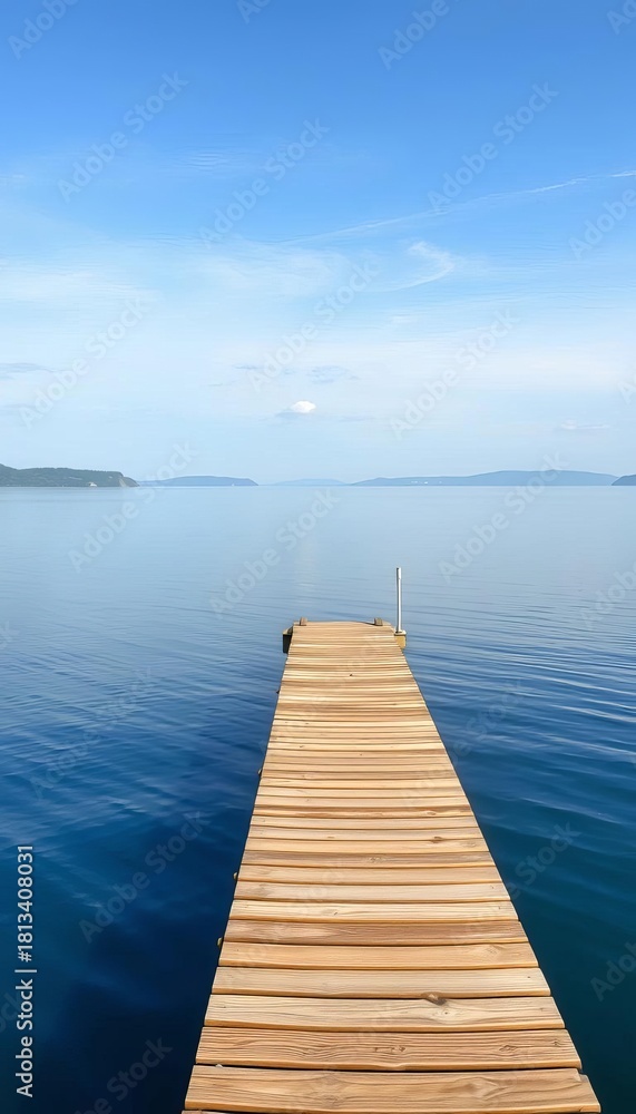 Fototapeta premium A solitary, sturdy dock juts out into a vast, still lake, inviting peaceful contemplation, nature, vast