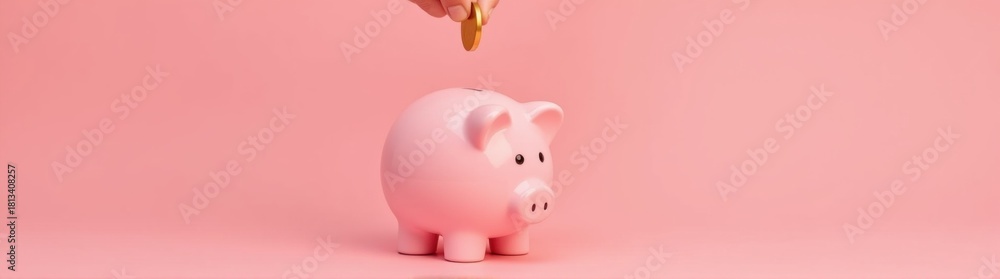 Fototapeta premium Someone putting a coin into a piggy bank with a pink background