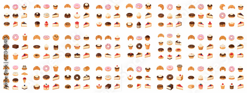 Seamless Pattern of Colorful Dessert Icons including Donuts, Croissants, Cupcakes, and Cheesecake Slices, Vector Illustration on White Background.
