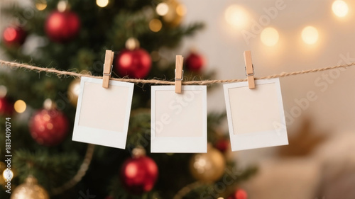 Three blank black polaroids hanging on wooden clothespins on a string with christmas tree background