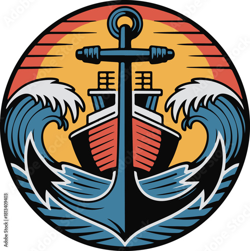 Anchor logo with rope and ocean wave round emblem for sailor or nautical theme
