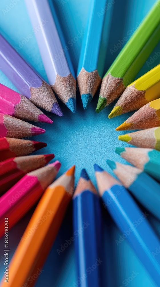 Naklejka premium Vibrant colored pencils arranged in a circle on a light blue background, points inward, creating a central empty space