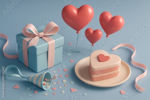 Pastel blue gift box, pink bow, floating heart balloons, heart cake, confetti, streamers