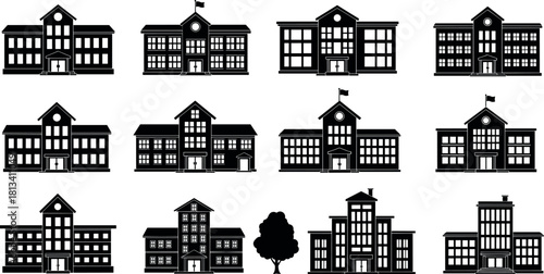 Set of School Building Silhouettes, College and University Architecture Icon Collection, Academic Campus Facades with Windows and Flagpole, Educational Institution Vector Design.