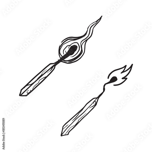 hand drawn match lighter, fire, wood lighter illustrations