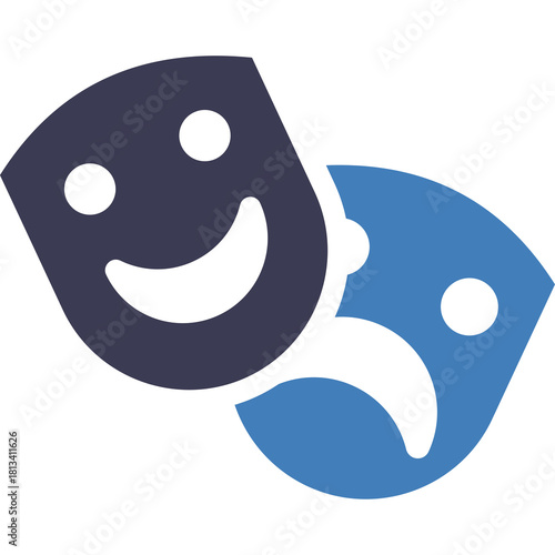 Theater Masks Symbolizing Joy and Sadness With Blue And Dark Blue Colors On Transparent Background Representing Drama And Performance Arts