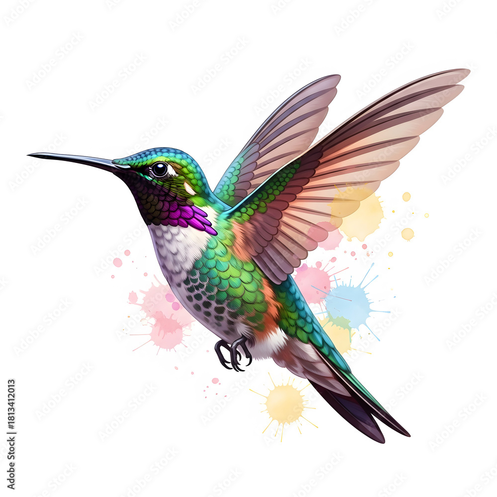 Fototapeta premium Vibrant watercolor illustration of a colorful hummingbird in mid-flight against a white background with paint splatters.
