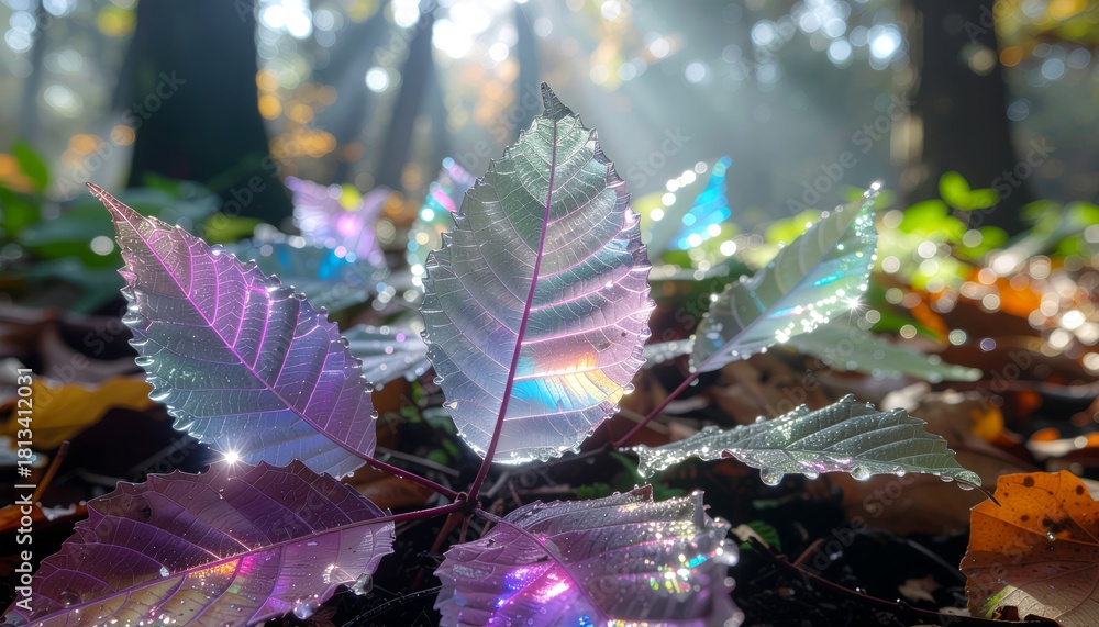 Obraz premium Ethereal iridescent leaves glowing with magical rainbow colors on the enchanting autumn forest floor with sunbeams