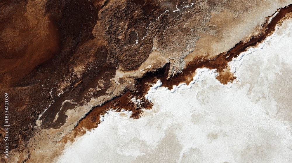 Obraz premium Aerial view of the dry salt lake edge with cracked ground, bright mineral patterns, natural texture and wide landscape, showing contrast between smooth salt areas and rough terrain