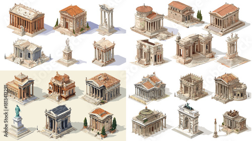 A collection of classical Roman and European monuments with arches, columns, statues and historic buildings. Stylized game asset set showcasing detailed ancient architectural landmarks.