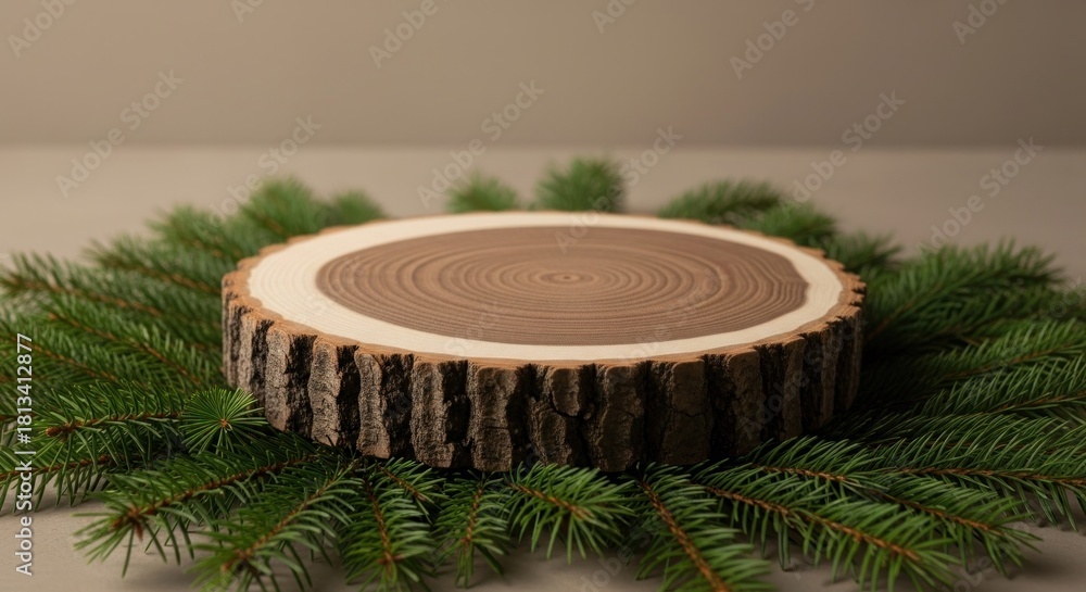 Obraz premium Rustic wood round display pedestal on vibrant green pine boughs