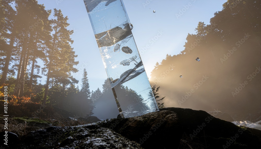 Fototapeta premium The Beam of Light Illuminates Nature's Serene Landscape with Majestic Trees and Flowing Water