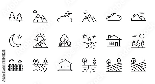 Simple line icons representing various natural landscapes and weather elements