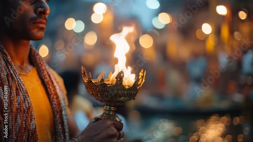 Devotee offering aarti during Ganga aarti ceremony in Varanasi, India