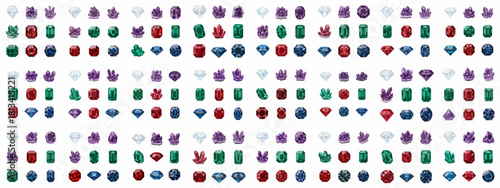 Seamless vector pattern of various colorful faceted gemstones and raw crystals including diamonds, rubies, emeralds, and amethysts on white.