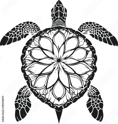  Turtle silhouette merged with a mandala-inspired shell pattern, balanced and symmetrical minimalist design.” 2