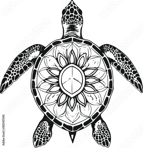 Turtle silhouette merged with a mandala-inspired shell pattern, balanced and symmetrical minimalist design.” 1
