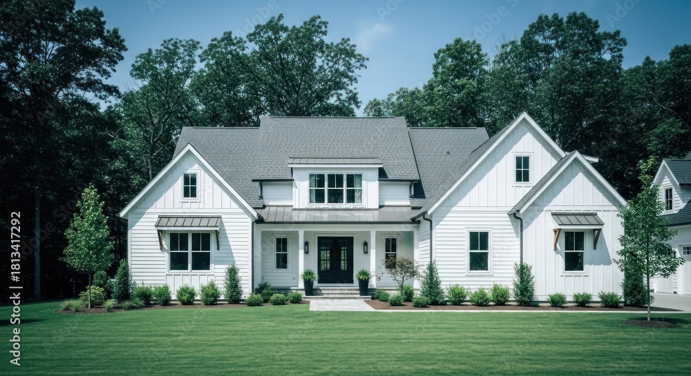 Obraz premium Stunning modern white farmhouse residence, expansive green lawn, surrounded by lush trees