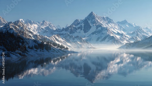 Wallpaper Mural Majestic Snow-Capped Mountain Range with Reflective Lake at Dawn Torontodigital.ca