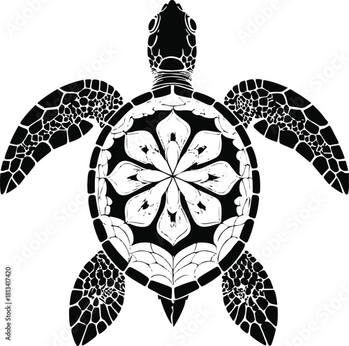Turtle silhouette merged with a mandala-inspired shell pattern, balanced and symmetrical minimalist design