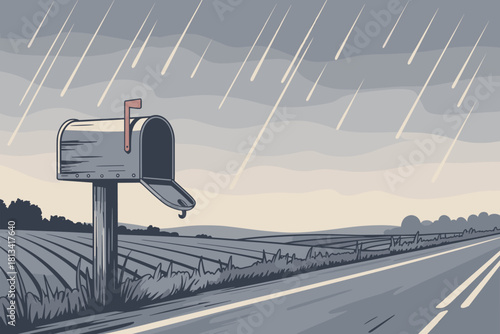 Rainy Countryside Mailbox Scene | Quiet Road & Soft Storm Landscape Art