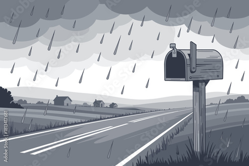 Rainy Countryside Mailbox Scene | Quiet Road & Soft Storm Landscape Art