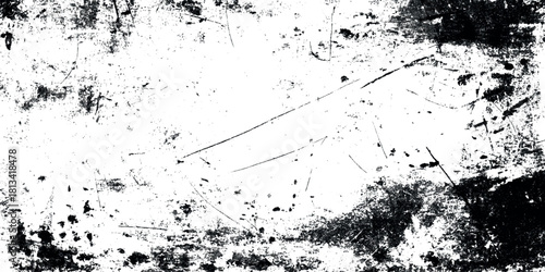 Abstract black ink splatter texture on white background grunge paint splash overlay distressed brush stroke pattern using as a tails and wall design.