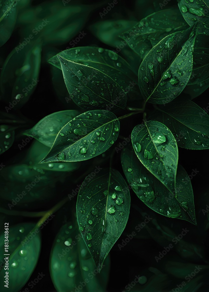 Fototapeta premium Lush, dark green foliage densely packed with leaves, glistening with numerous water droplets after a rain shower; close-up view emphasizes texture and saturation