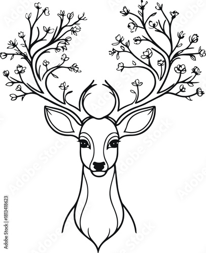 Single continuous line forming a deer whose antlers transform into a blooming tree — symbol of life and renewal 3
