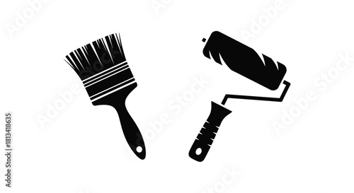Black and white illustration of a paintbrush and paint roller