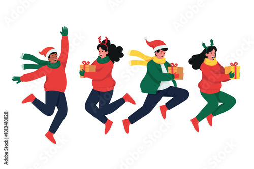 Joyful people celebrating Christmas with gifts across a lively holiday set, showcasing diverse poses and warm, cheerful moments in a clean, cute style perfect for seasonal use.more.