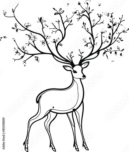  Single continuous line forming a deer whose antlers transform into a blooming tree — symbol of life and renewal
