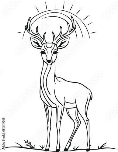 Single line art of a deer standing beneath a rising sun — concept of new beginnings and calm