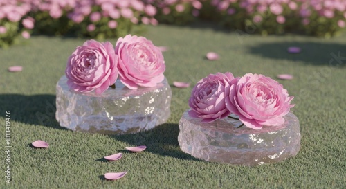 Two delicate pink flowers on clear ice blocks rest on green grass amidst scattered petals