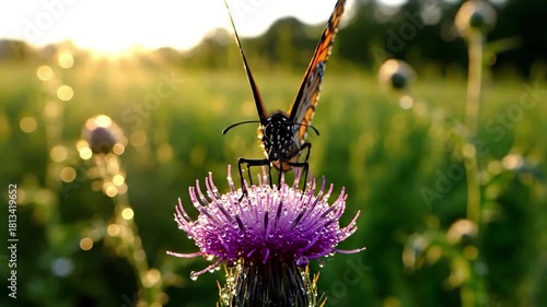 A close up, detailed shot showcasing the intricate patterns and vibrant hues on the wings of a swallowtail butterfly as it gently sips nectar from a dew kissed purple coneflower.