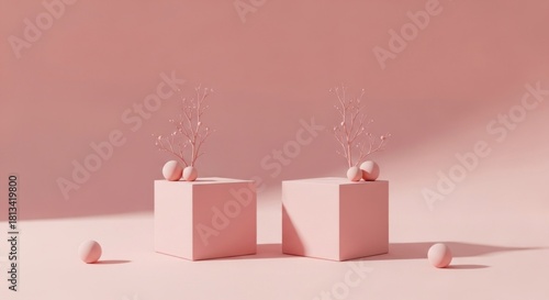 Two pink cubes display delicate branches and eggs in a soft, minimalist pastel setting