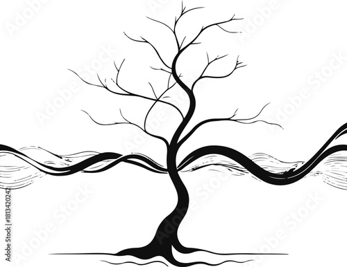 Single-stroke abstract tree silhouette whose branches subtly transform into flowing wave lines, symbolizing harmony between nature and motion 2