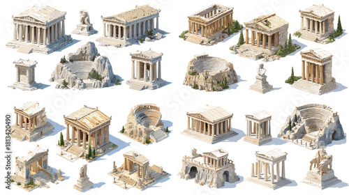 A collection of ancient Greek and Roman temple structures featuring columns, pediments, amphitheaters and stone ruins. Stylized game asset set with detailed classical architecture.